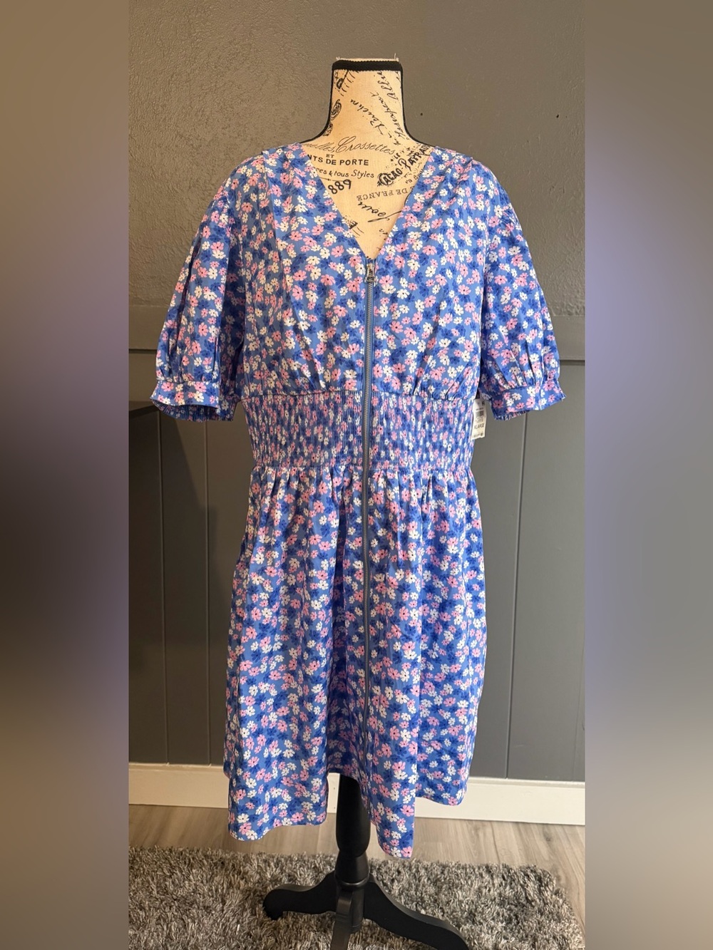 Blue Floral Midi Dress with Front Zip and Shirred Waist
